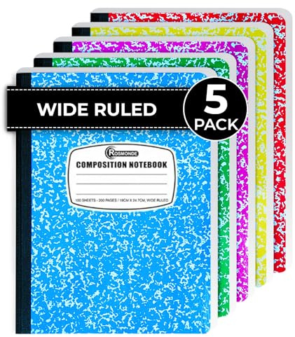 Rosmonde 5 Pack Composition Notebook Wide Ruled, 200 Pages (100 Sheets), 9-3/4x7-1/2, Notebooks for Work, Back to School Supplies, Hard Cover Composition Books, Notebooks for Women, Colors May Repeat