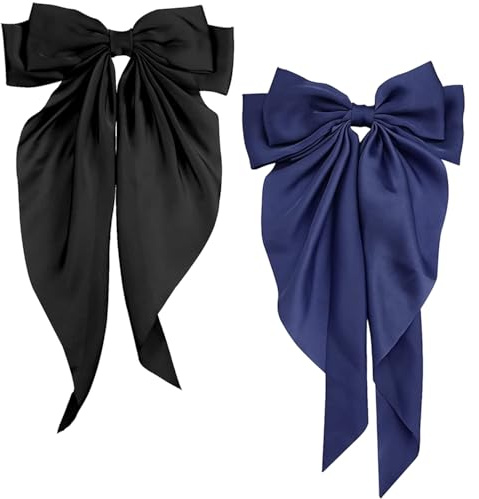 Bow Hair Clip, Hair Bows for Women Big Bowknot Hairpin French Hair Clips with Long Ribbon Solid Color Barrette Clips for Women Girls(Black+navy blue)