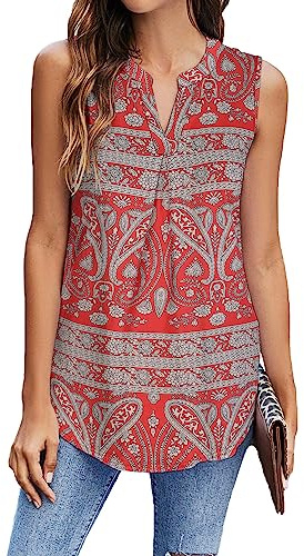 BDTECAOR Canottiera da donna lunga con scollo a V, senza maniche, maglietta a tunica, Foglie rosse, M