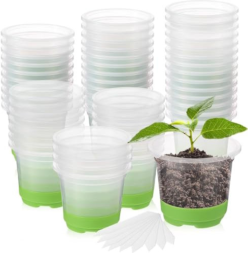 KAHEIGN 24Pcs Anzuchttöpfe Transparente Blumentöpfe mit Silikonboden, Pflanztöpfe Ø10cm Anzuchttopf rund Blumentöpfe mit Abflusslöchern und Pflanzenetiketten für Sukkulenten, Samen, Setzlinge