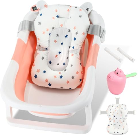 SWANEW Baby Badewanne Faltbar Babywanne Klappbare mit Einsatz Babybadewanne, mit Thermometer und Bath Mat, Baby-haarwaschbecher, Rutschfeste Baby Bathtub für Neugeborene 0-6 Jahre, Rosa