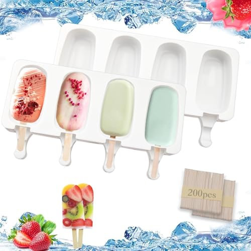 2 Pièces Moule Glace Silicone Batonnet 26cm Moule Magnum Cake avec 200 Pièces Batonnet Glace 8 Cellules Moule Magnum Réutilisables pour DIY Crème Glacée Maison Cake Dessert