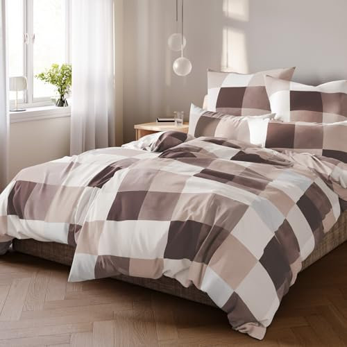 Pure Label Karierte Bettwäsche 4teilig 155x220 cm mit einem 2er Set Kissenbezüge 80x80 cm - Traumhaft weiches Bettwäsche-Sets 155 x 220 cm in braun aus 100% Baumwolle mit YKK Reißverschluss