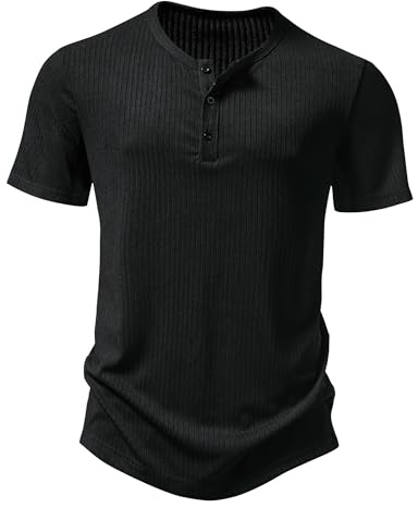Men's Casual Grandad Collar Henley Shirt Smart Short Sleeve 3 Buttons Muscle Slim Fit Tee Summer Holiday Textured T Shirts Knitted Collarless Polo Tops-Black-S