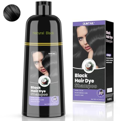 Black Hair Dye Shampoo, Duntail Coconut Hair Color Shampoo 3 in 1, Semi-Permanent Gray Hair Coverage for Woman & Man, Mild Formula, Lasts 30 Days (16.90 oz)