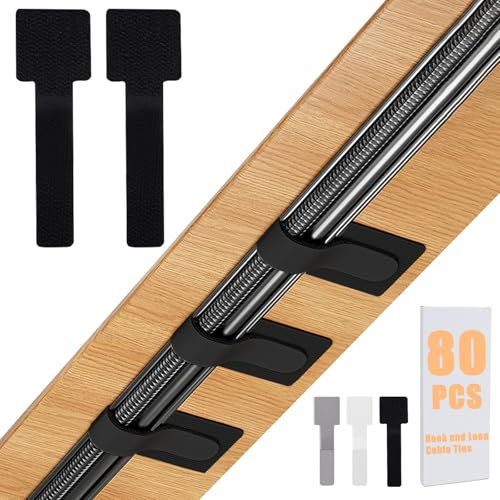 80PCS Hook and Loop Cable Straps, Cable Management Under Desk, Adhesive Cable Ties, Reusable Wire Organizers for Cords, Cords Management, Computer Accessories for Desk, Home Office Essentials, Black