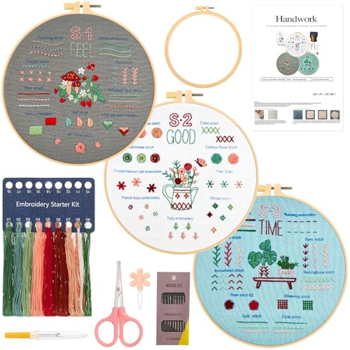 JSRQT 3 Pezzi Kit di Pratica di Ricamo, Set da Ricamo per Principianti Adulti, Kit da Punto Croce Mano con 3 Motivi e Istruzioni, 1 Telaio Ricamo in Plastica, Fili Colorati