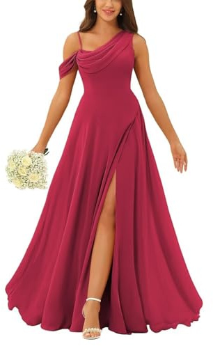 HPPEE Vestido de dama de honor con un hombro descubierto, largo y fruncido, de gasa, acampanado, formal, para boda, Rosa desierto, 42