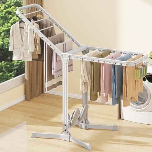 Dimcapo Heavy Duty Clothes Drying Rack Foldable, Aluminum Large Drying Rack Clothing with 2 Height-Adjustable Drying Wings, Laundry Racks for Drying Clothes,Easy to Fold,Indoor Outdoor Use