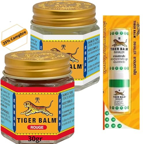 Baume pour baume du tigre rouge et blanc 30gr, et inhalateur lot de 03 produits authentiques Thailandais extra fort pour les douleurs musculaire et articulaires mal de dos
