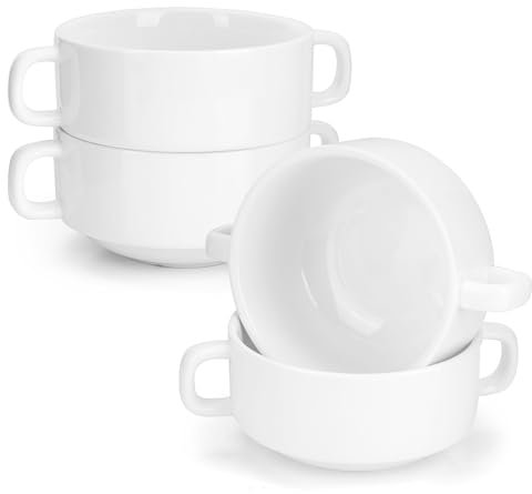 Aramanara 4 cuencos de sopa de 8.8 onzas con asas, cuencos de cerámica para sopa de cebolla francesa, cuencos blancos para servir postre, hornear, pudín, cereales, aperitivos, frutas