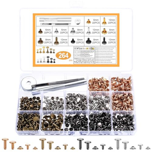 IYEREER 264 Stück Ledernieten Set für Leder Nieten Set mit Werkzeug, Hohlnieten mit Nietenzange & Lochzange, Doppelkappe Metallhülsen Nieten für DIY Lederhandwerk Kleidung(6mm, 8mm, 12mm, 4 Farben)