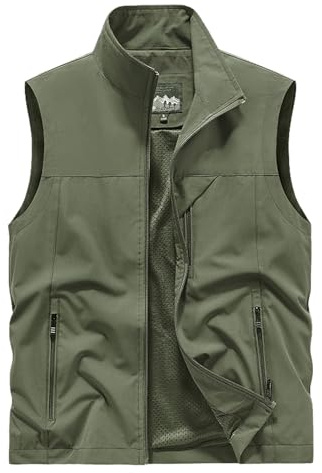Sukany Gilet da uomo casual da pesca, safari, leggero, ad asciugatura rapida, senza maniche, per fotografia, caccia, campeggio, giacca da viaggio con tasche, Verde militare, XL