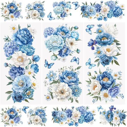 WANDIC 3 Hojas de Pegatinas de Transferencia, Calcomanías de Transferencia para Muebles Diseño de Flores Azules Decoración, para Manualidades, Álbumes de Recortes, 15 x 30 cm