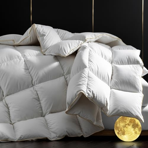 HANYUN Goose Down Feather Fiber Comforter - All Season Queen Size -100% Cotton Duvet Insert Warm and Breathable Down Comforter Ultra-Soft 700 Fill-Power Fluffy Warmth 90x90