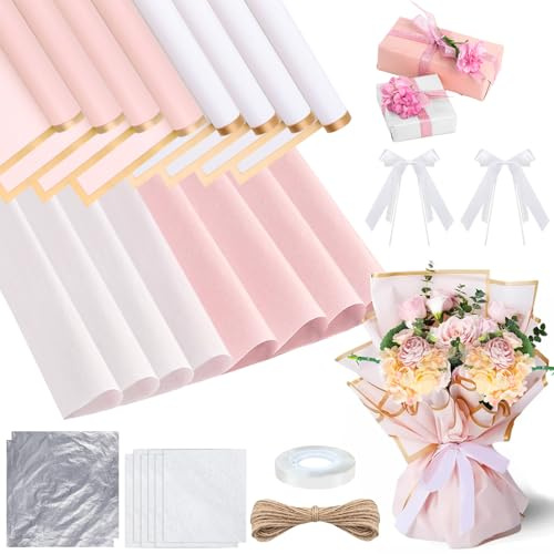 XWCHASA Set di Carta per Bouquet, Plastica con Bordo Dorato, Carta Velina, Cotone, Materiale per Legare, Foglio di Alluminio per Rose Rosa e Bianche, Gigli, Garofani(Rosa, Bianco)