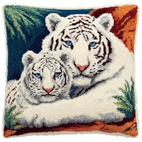 AMBATTERY Kit de gancho de cierre de almohada, Tigre Blanco kit de cojines de pestillo,bordado para adultos de gancho y pestillo,decoración Soafa,43x43cm