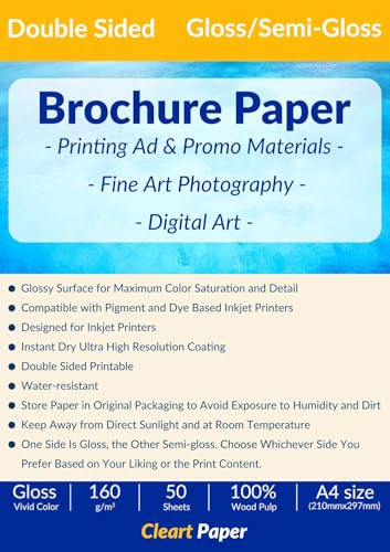 Cleart Inkjet broschyr broschyrpapper, dubbelsidigt, glansigt fotopapper, A4 160 gsm, 50 ark för utskrift av foton, broschyrer, kalendrar, fotoalbum, certifikat, broschyrer, broschyrer