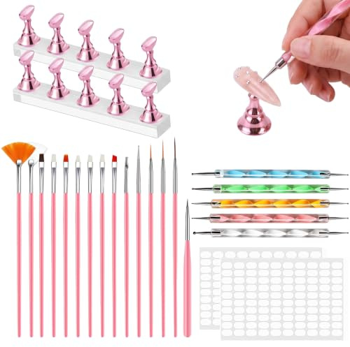 Lot de 2 supports à ongles, supports de pratique pour ongles, supports pour pointes d'ongles, support d'exercice pour ongles, contient 15 pinceaux à ongles, 5 outils de pointillage, 200 pastilles