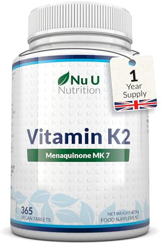 Vitamina K2 MK7 200mcg - 365 Compresse Vegane - 1 Anno di Scorta - Alta Concentrazione di Vit K Menachinone MK-7 da Natto - Prodotto in Europa - Nu U Nutrition