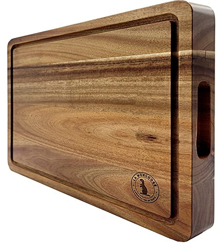 Acacia Wood 16 x 12 x 1.5inch Thick (40.5 x 30.5 x 4cm) Extra-Large Chopping Board Juice Groove Hand Grips Snack Holder Dark Edge Grain Wooden Butcher Block Cheese Plate Server Deluxe Birthday Gift