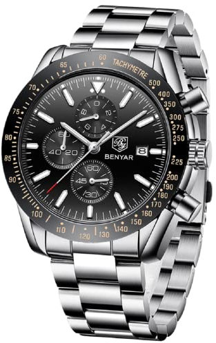 by BENYAR Uhren Herren Chronograph Analog Wasserdicht Armbanduhr Herren Edelstahl Großes Ziffernblatt Leuchtende Datum Herrenuhren Lässig Business-Kleid Uhren fur Männer Klassische Elegantes Geschenk