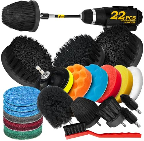 Holikme 22Pack Drill Brush Attachments Set, Scrub Pads & Sponge, Buffing Pads, Power Scrubber Brush, Car Polishing Pad Kit,Wax Applicator Pad,Car Cleaning Kit，Cleaning Supplies，Masonry Brushes,Black