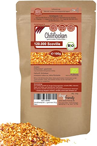 direct&friendly Bio Chili getrocknet extra scharf geschrotet Chiliflocken 120.000 Scoville (100 g)