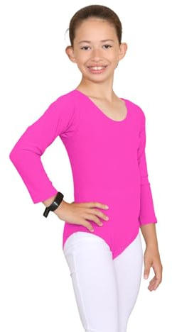janisramone® Kids Gymnastics Leotards for Girls, Long Sleeve Leotards for Girls for Gymnastics and Dancing, Microfibre Girls' Gymnastics Leotards Ballet Leotard for Girls Aged 3-13 Years Neon Pink