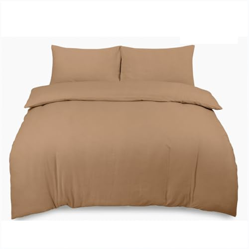 GC GAVENO CAVAILIA Flannelette Duvet Covers With Pillow Cases, Flannel Plain Dyed Duvet Cover Sets, Reversible King Size Quilt Covers Bedding Set, 100% Brushed Cotton Bed Cover Set, Latte