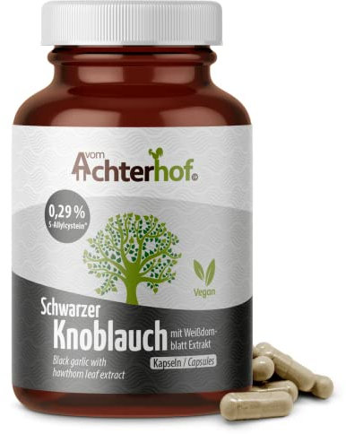 Schwarzer Knoblauch Weißdorn 180 Kapseln | 450 mg Schwarzer Knoblauch-Extrakt, 110 mg Weißdorn-Extrakt | vegan | vom Achterhof