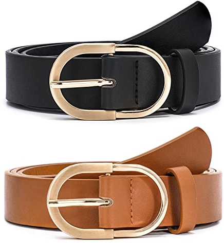 JASGOOD 2 Pack Women's Faux Leather Belts for Jeans Pants Fashion Gold Buckle Ladies Dress Belt Black Brown M