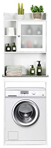 COSTWAY Waschmaschinenschrank mit Glastür und Marmor-Platte, Badschrank mit verstellbarem Regal und offenem Fächern, Hochschrank Bad, Toilettenschrank weiß, Überbauschrank für Waschmaschine und WC