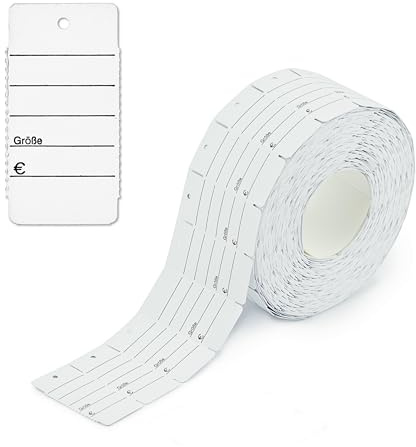 POKORNYS - 2.000 Kartonetiketten Größe / € mit Loch (30 x 58 mm) weiß I perforierte Etiketten zum Beschriften auf einer Rolle I Preisschilder mit 3 mm Lochung für Sicherheitsfäden & Heftfäden