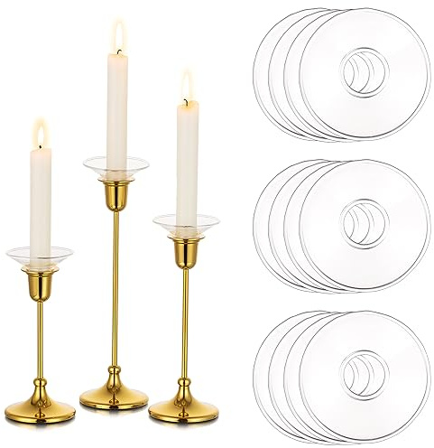 Glasseam Candle Drip Protectors for Candle Stick Candle Holder, Clear Glass Bobeches for Candlesticks Set of 12, Round Wax Catchers for Candles, Taper Candle Holders for Table Centerpiece Wedding