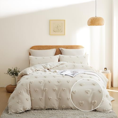 Freyamy Boho Bettwäsche 200x220cm Beige Getuftet Herz Bettwäsche-Sets Stickerei Shabby Chic Bettwaren-Sets Microfaser Mädchen Deckenbezug 1 Bettbezug mit Reißverschluss und 2 Kissenbezug 80x80cm