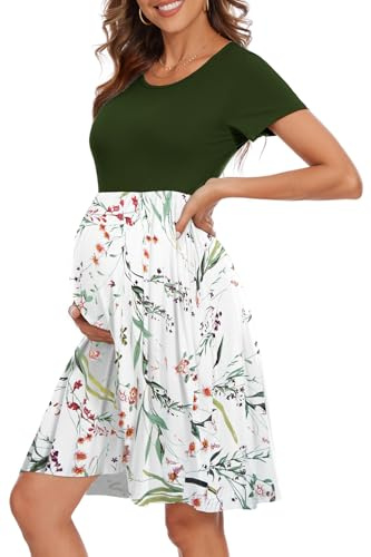 WOOXIO Women's Fashion Short Sleeve Maternity Dress with Pockets Patchwork Pregnancy Clothes