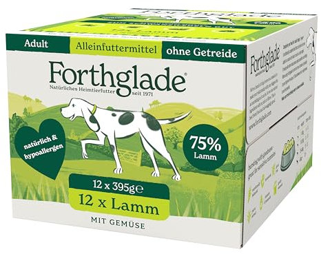 Forthglade Nassfutter für Hunde (12 x 395g Schalen), hypoallergenes & getreidefreies Futter für ausgewachsene Hunde ab 1 Jahr, Hundefutter mit Lamm & Gemüse für sensible Hundemägen