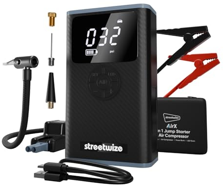 Streetwize - 4-In-1 Portable Car Jump Starter Booster (Up to 5.0L Petrol/3.0L Diesel) with Built-In Air Compressor, LED Torch & Portable Power Bank Phone Charging, USB Ports