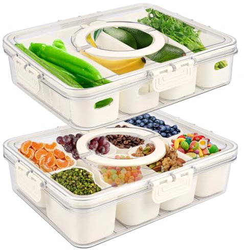 Comius Sharp Snackbox mit Fächern, Snackteller mit Deckel und Griff, 4 FäChern und 8 FäChern, Snackschale Kinder, Snackteller Organizer für Süßigkeiten Obst Keksen Dessert Gemüse Nüsse (2 Stück)