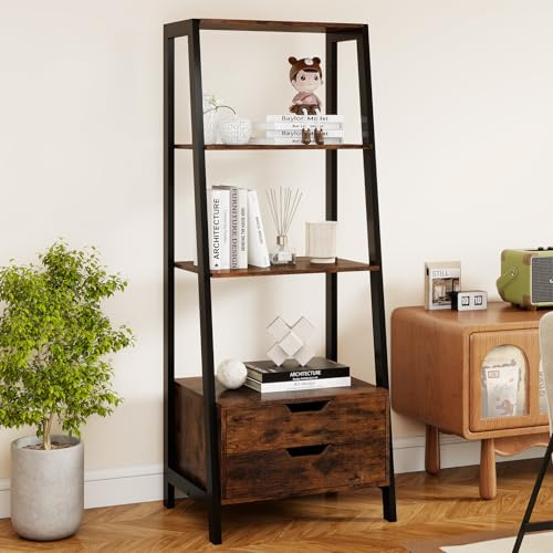 GIANTEX Scaffale a Scala, Ripiano di Stoccaggio Alto 134 cm con 4 Ripiani Aperti e 2 Cassetti, Scaffale Moderno con Struttura in Metallo, Scaffale per Soggiorno, Cucina, Sala da Pranzo (Marrone)