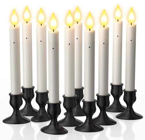 PChero Bougie Chandelier avec Capteur de luminosité et bougeoir, Lot de 10 Fausses Bougies à LED Flamme Vacillante Bougie LED Decorative Electrique pour Deco Noel Anniversaire Maison Chambre Mariage