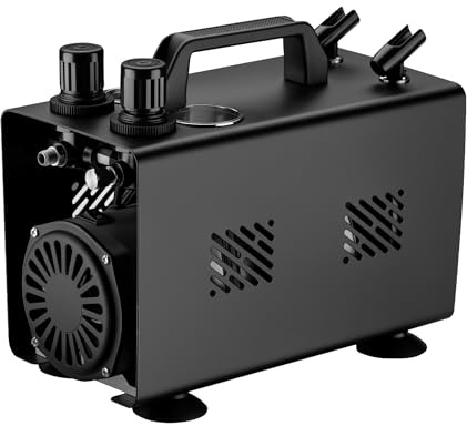 Wiltec Compresor para aerógrafo AS18TA 1/6 CV, compresor de aire comprimido con caudal de 20-23 l/min, para pistola aerográfica con 2 salidas y manómetro, diseño con pistola de aerografía