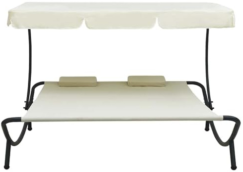 Juego de cama para exteriores con toldo y almohadas, color blanco crema, muebles de jardín, muebles de jardín, muebles de patio pequeños, sofá de jardín al aire libre, juego de muebles de patio para