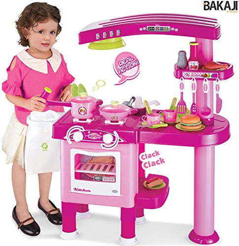 BAKAJI Cucina per Bambine Grande Giocattolo 69 Accessori con Stoviglie Luci e Suoni Altezza 80cm Colore Rosa e Viola