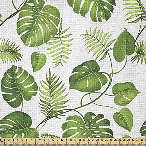 ABAKUHAUS Blätter Stoff als Meterware, Monstera und Farnlaub, Microfaser Stoff für Dekoratives Basteln, 1M (230x100cm), Hellgrün Grün