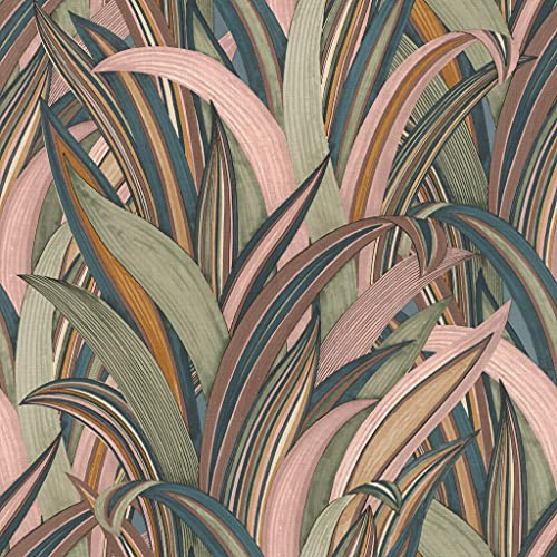 Rasch wallpaper 541243 from The Amazing Collection: Non-Woven Wallpaper with Leaves Motif in Brown, Olive Green and Dusky Pink with Textile Structure - 10.05 m x 53 cm