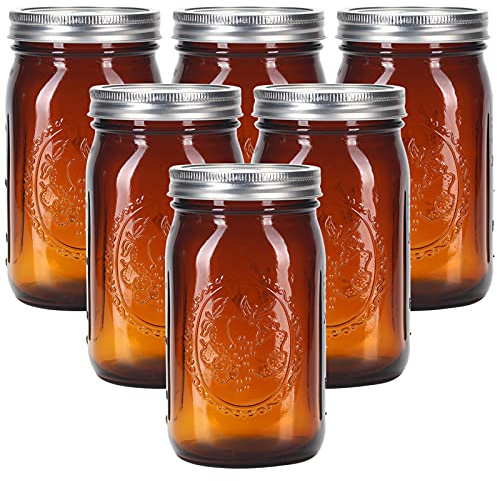 eleganttime Amber Glass Mason Jars 32 oz Wide Mouth with Airtight Lids and Bands 6 Pack Large Glass Canning Mason Jars with Lids Quart Wide Mason Jars,Great for Canning Jar Pickle Fermenting Jam Jar