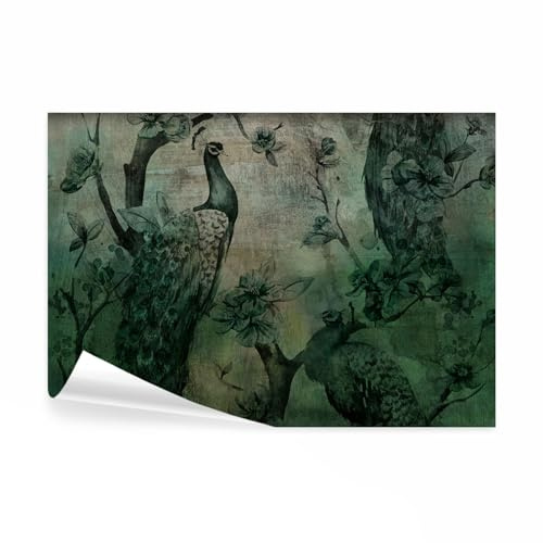 decomonkey Fototapete Pfau 400x280 cm Tapete Fototapeten Vlies Tapeten Vliestapete Wandtapete moderne Wand Wandbild Schlafzimmer Wohnzimmer Vintage Deko Retro Kunst Blumen Tiere Vogel beige grün