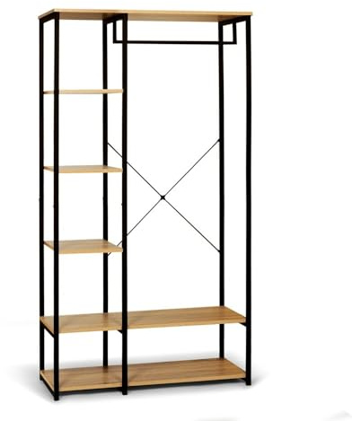 FACILITYS - Dressing Chambre Adulte 167 x 90 x 40 cm - Portant à Vêtements 6 Étagères - Armoire Penderie Tringle 53 cm - Design Épuré Métal Noir Effet Bois - Rangement Vêtements Pratique